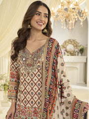 White Silk Salwar Suit With Print and Aari Work