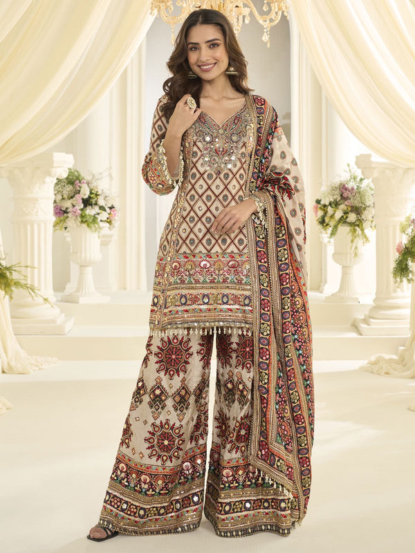 White Silk Salwar Suit With Print and Aari Work