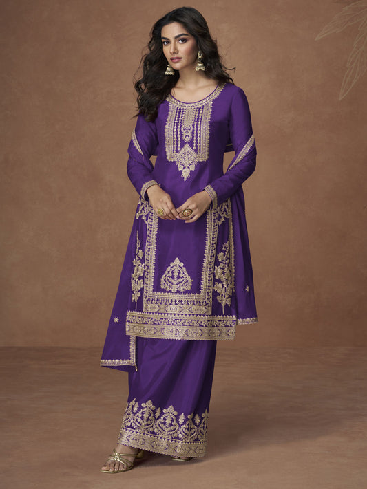 Purple Chinon Embroiderd Salwar Suit