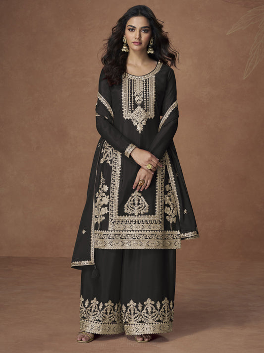 Black Chinon Embroiderd Salwar Suit