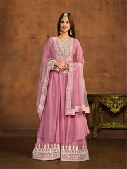 Pink Thread Embroidery Anarkali Palazzo Suit