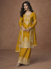 Yellow Chinon Embroiderd Salwar Suit