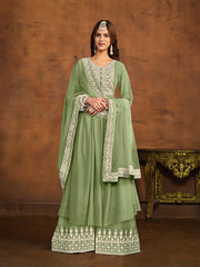 Green Thread Embroidery Anarkali Palazzo Suit