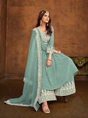 Sea Green Thread Embroidery Anarkali Palazzo Suit