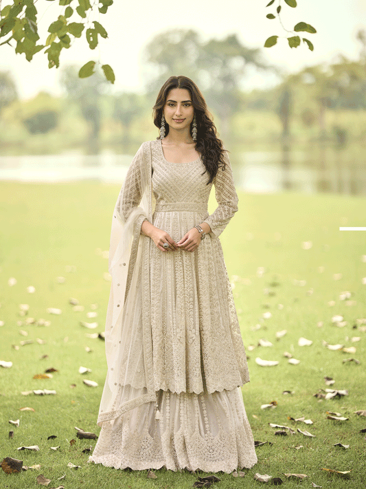 Festive Eid Style Beige Embroidered Net Palazzo Suit