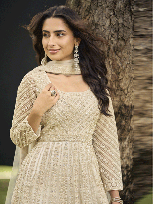 Festive Eid Style Beige Embroidered Net Palazzo Suit