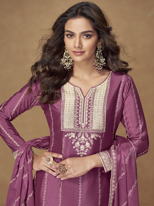Purple Chinon Embroidered Work Salwar Suit