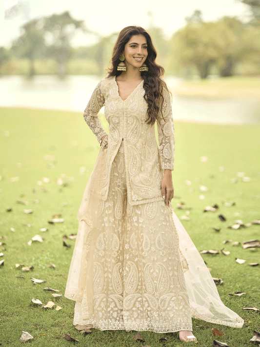 Festive Eid Style Cream Embroidered Net Palazzo Suit