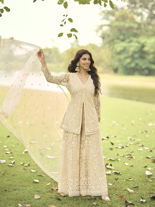 Festive Eid Style Cream Embroidered Net Palazzo Suit