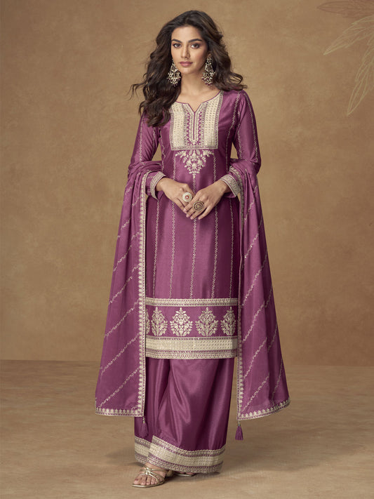 Purple Chinon Embroidered Work Salwar Suit