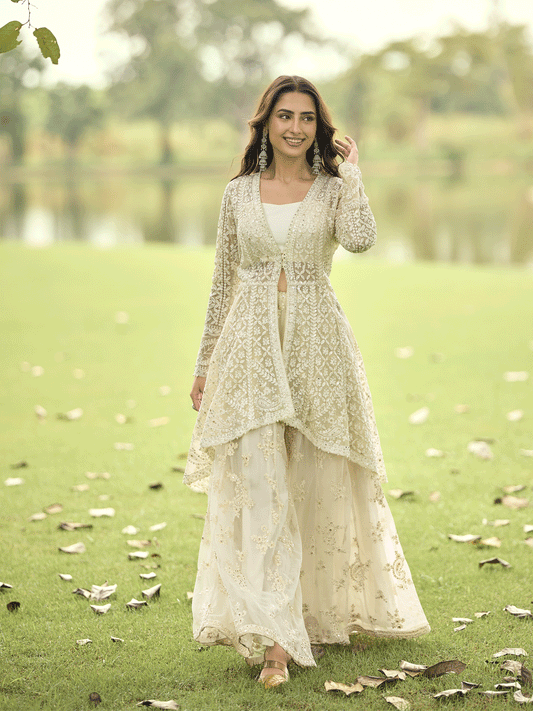 Festive Eid Style Green Embroidered Net Palazzo Suit