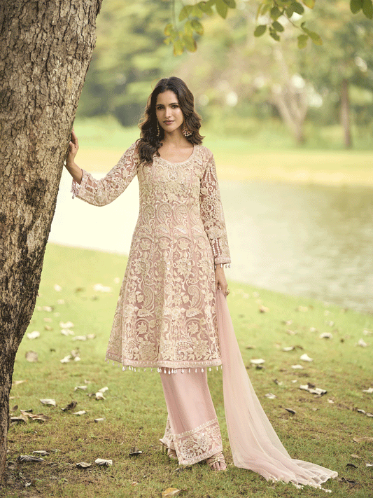 Festive Eid Style Pink Embroidered Net Palazzo Suit