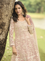 Festive Eid Style Pink Embroidered Net Palazzo Suit