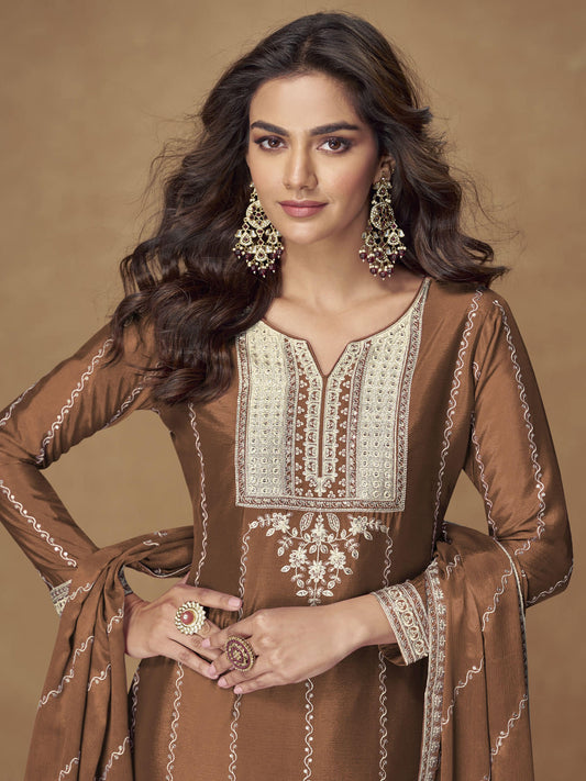 Rust Chinon Embroidered Work Salwar Suit