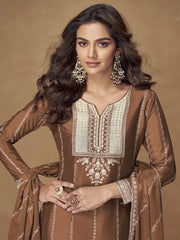 Rust Chinon Embroidered Work Salwar Suit