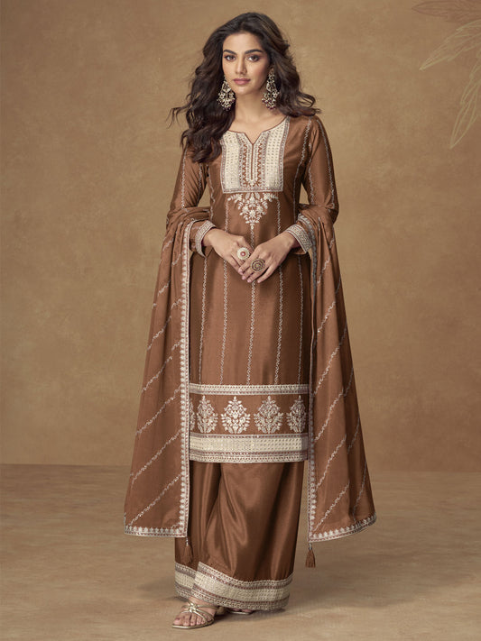 Rust Chinon Embroidered Work Salwar Suit