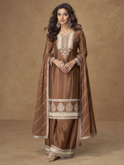 Rust Chinon Embroidered Work Salwar Suit