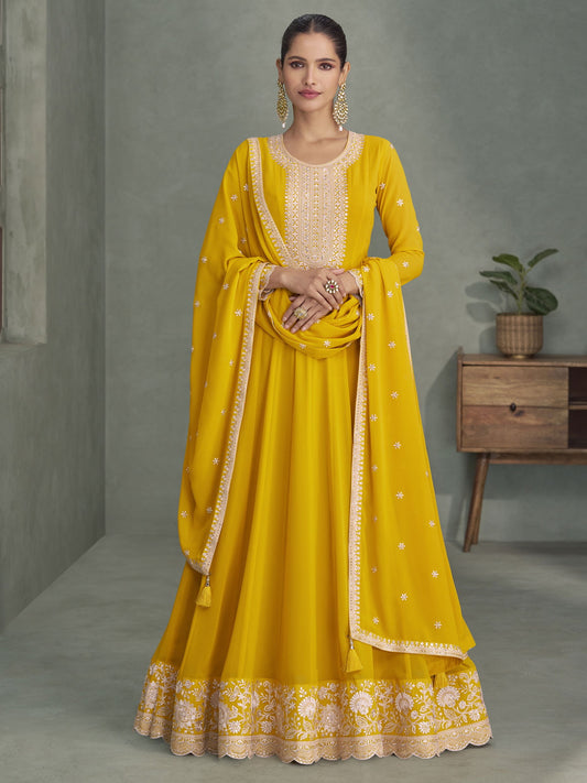 Mustard Yellow Georgette Embroiderd Anarkali Suit