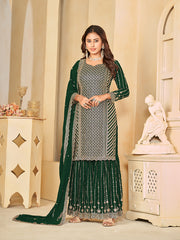 Green Faux Georgette Palazzo Suit with Embroidery