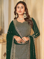 Green Faux Georgette Palazzo Suit with Embroidery