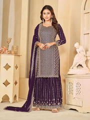 Purple Faux Georgette Palazzo Suit with Embroidery