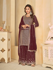 Maroon Faux Georgette Palazzo Suit with Embroidery