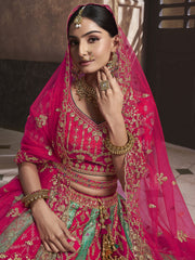Pink and Aqua Banarasi Silk Bridal Designer Lehenga Choli