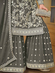 Grey Embroidered Georgette Gharara Style Suit