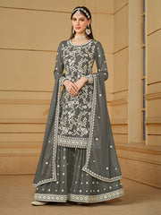 Grey Embroidered Georgette Gharara Style Suit