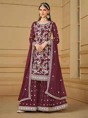 Burgundy Wine Embroidered Georgette Gharara Style Suit