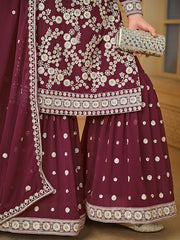 Burgundy Wine Embroidered Georgette Gharara Style Suit