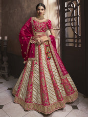 Cream and Pink Banarasi Silk Bridal Designer Lehenga Choli
