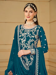 Turquoise Blue Embroidered Georgette Gharara Style Suit