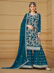 Turquoise Blue Embroidered Georgette Gharara Style Suit