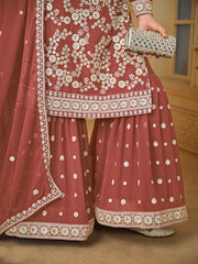 Rust Brown Embroidered Georgette Gharara Style Suit