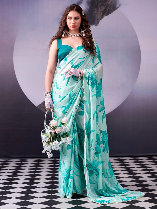 Sky Green Digital Print Satin Silk Saree