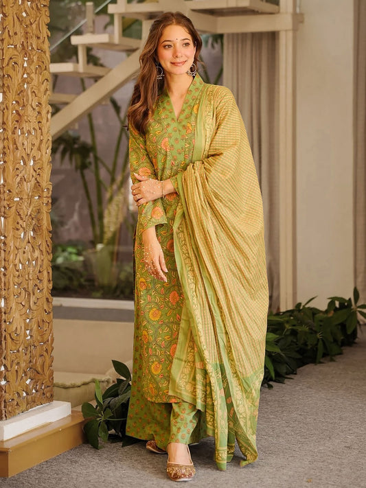 Green Causul Wear Cottan Kurta Set