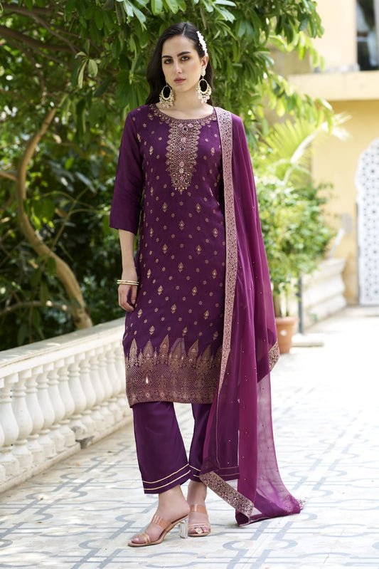 Ethnic Motifs Woven Design Zari Straight Kurta With Trousers & Dupatta