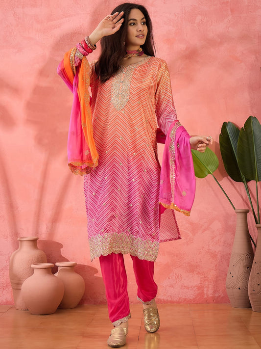 Orange and Rani Chinon Salwar Suit