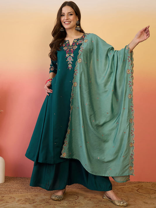 Embroidered Art Silk A Line Suit in Teal Green