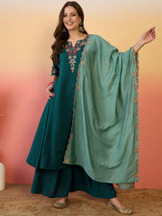 Embroidered Art Silk A Line Suit in Teal Green