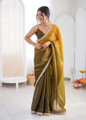 Green and Yellow Shaded Satin Lace Work Saree