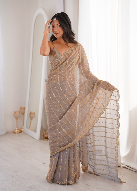 Silver Grey Fendi Satin Sequence Embroidery Saree