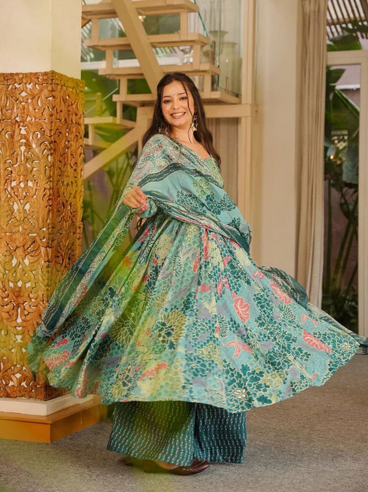 Firozi Digital Print Cottan Anaraki Style Suit