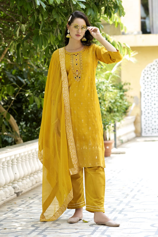 Ethnic Motifs Woven Design Zari Straight Kurta With Trousers & Dupatta