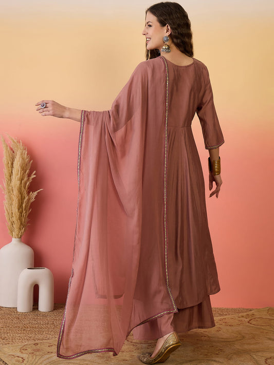Brown Silk Embroidered Work Palazzo Salwar Suit for Ceremonial