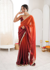 Maroon Shaded Satin Lace Work Saree