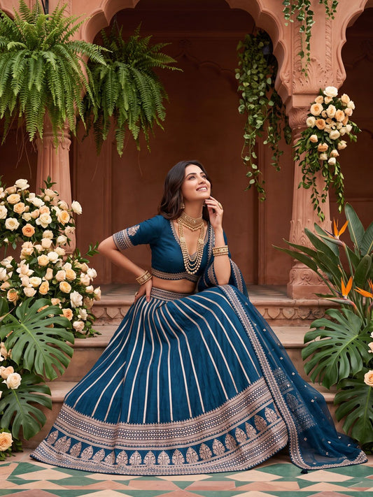 Dark Firozi Premium Silk Thered Work Lehenga Choli