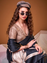 Black Digital Print Satin Silk Saree