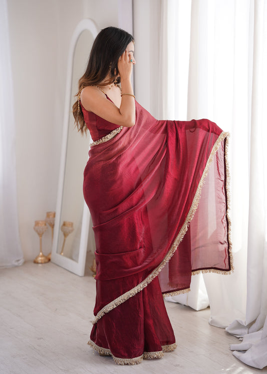 Maroon Fendi Satin Lace Work Saree